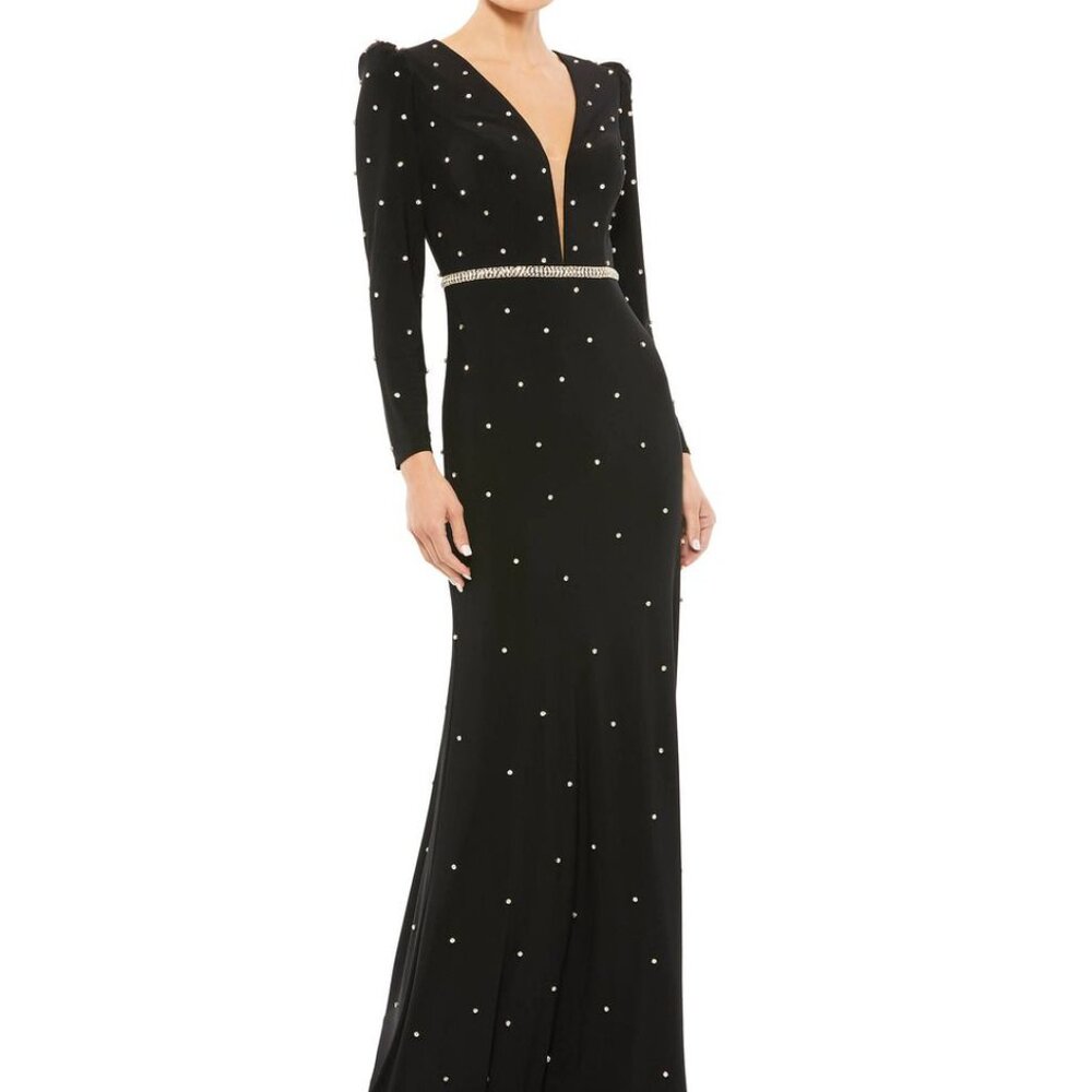 NEW Mac‎ Duggal JEWEL ENCRUSTED PLUNGE NECK LONG SLEEVE GOWN SZ 14 black 67874